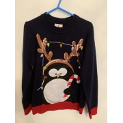 Funky Blue Penguin Christmas Jumper Mens UK Size L