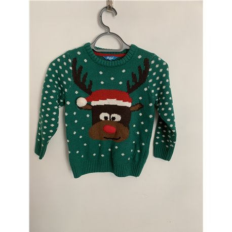 Rebel Green Reindeer Christmas Jumper Boys 7/8 Years