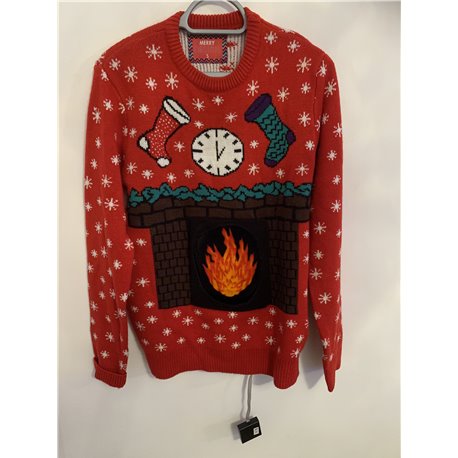 Cedar Wood State Red Christmas Fire Christmas Jumper With Working Fire Changing Flame Mens Uk Size S